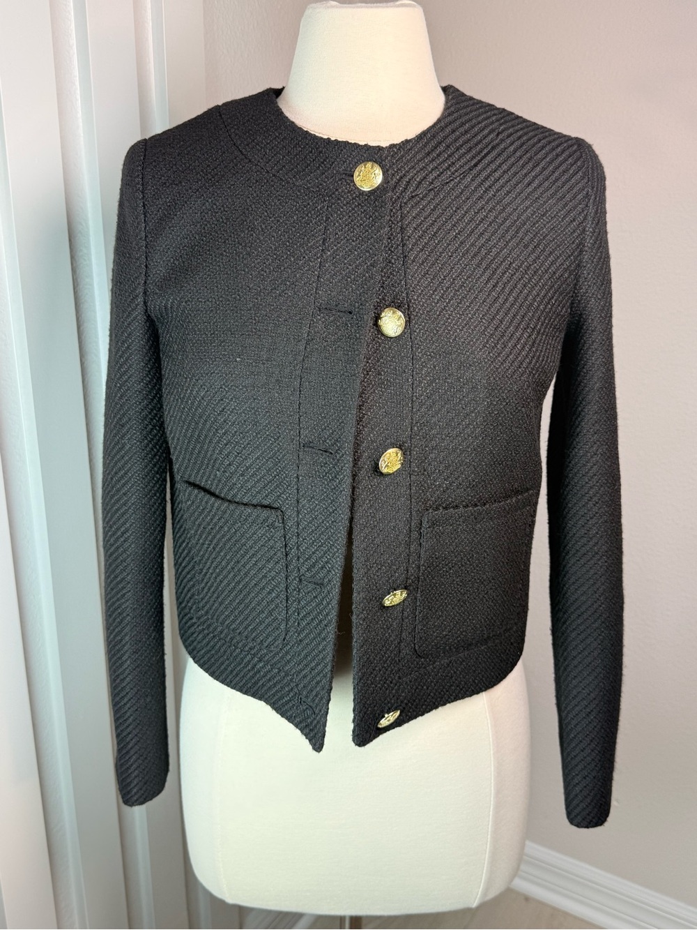 J.Crew Black Textured Cropped Jacket Gold Buttons Career Preppy Size 0 Parisian - Picture 2 of 11